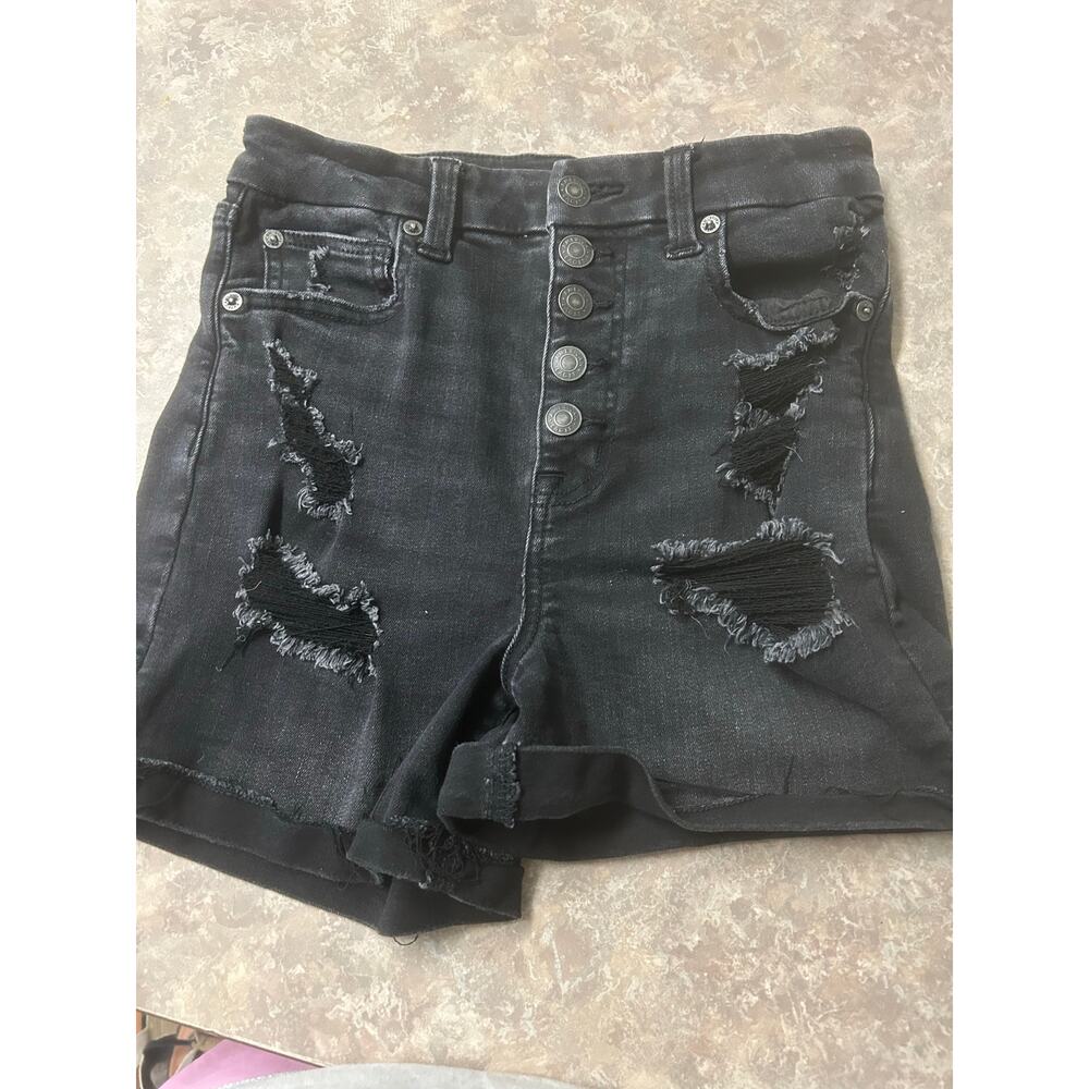 American Eagle Curvy High Rise Black Distressed Denim Shorts - Size 8